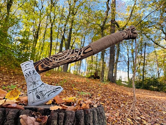 Hand Forged Viking Axe – Carbon Steel Blade with Ash Wood Handle and Leather Sheath, Camping, Hunting, Outdoor Hatchet Valhalla Ax, Medieval Axe, Authentic Norse Axe, Historical Gift for Men