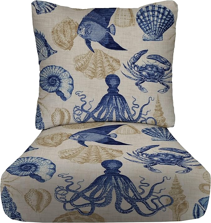 RSH DECOR Deep Seating Cushion with Pillow Back | 24” x 26” Seat | Water and Fade-Resistant Spun Fabric | Outdoor Chair Cushion Set for Patio Furniture | Blue Tan Crab