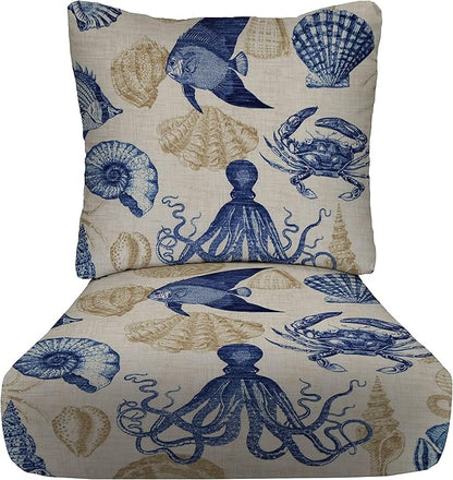 RSH DECOR Deep Seating Cushion with Pillow Back | 24” x 26” Seat | Water and Fade-Resistant Spun Fabric | Outdoor Chair Cushion Set for Patio Furniture | Blue Tan Crab