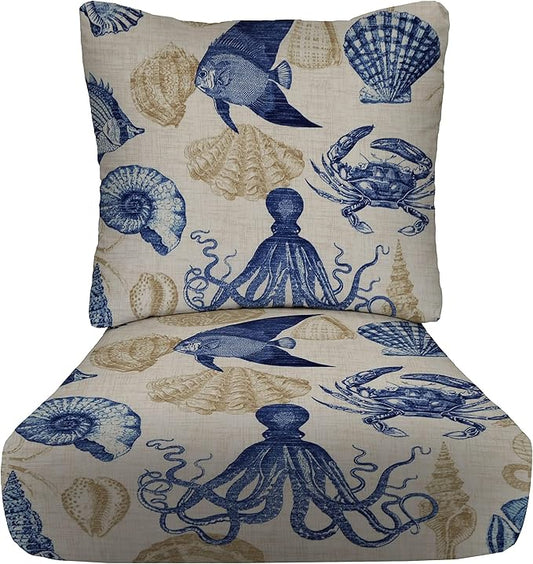 RSH DECOR Deep Seating Cushion with Pillow Back | 22” x 25” Seat | Water and Fade-Resistant Spun Fabric | Outdoor Chair Cushion Set for Patio Furniture | Blue Tan Crab