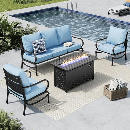 MFSTUDIO 4 Pieces Patio Conversation Sets, All Weather Metal Frame Outdoor Furniture Set Patio Sofas with 1 x 45 Rectangular Propane Fire Table, 1 x 3-Seat Sofa, 2 x Sofa Chairs, Blue Cushion
