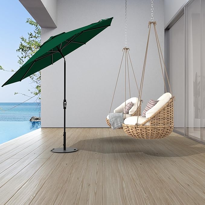 Midtown Umbrellas The Swilt 10 Feet Patio Umbrella in Sunbrella Forest Green Acrylic Fabric - Fiberglass Ribs, Auto-Tilt Aluminum Frame For Backyard, Deck, Garden, Pool - White Pole