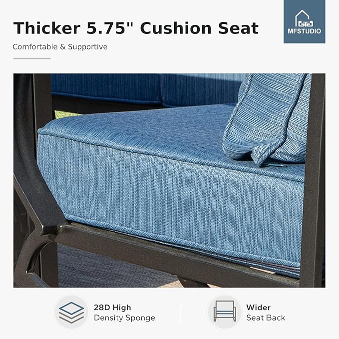 MFSTUDIO 6 Pieces Metal Patio Furniture Sets, 2 Swivel Chair, 1 Deep Seating 3-Seat Sofa, 2 Ottoman & 1 Marbling Coffee Table, All Weather 7 Seats Outdoor Conversation Set for Garden, Peacock Blue