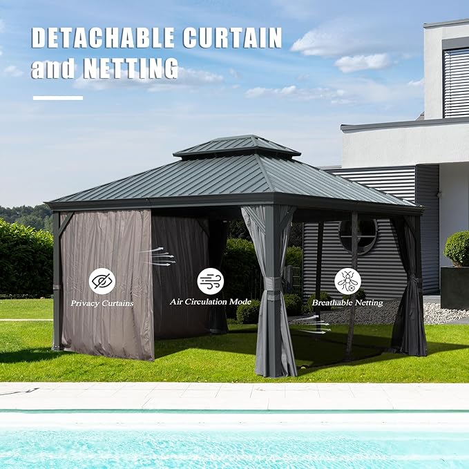Domi 10'x14' Hardtop Gazebo Canopy,Outdoor Aluminum Gazebo with Galvanized Steel Double Roof,Permanent Gazebos with Drainage System,Curtain and Netting Included,Grey