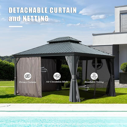 Domi 10'x14' Hardtop Gazebo Canopy,Outdoor Aluminum Gazebo with Galvanized Steel Double Roof,Permanent Gazebos with Drainage System,Curtain and Netting Included,Grey
