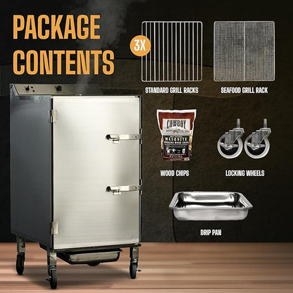 SmokinTex 'The Pitmaster' Series High-Capacity Electric Smoker – 700W Stainless Steel Meat Smoker, Temperature Control for Meat, Seafood, Vegetables, BBQ – Portable with Locking Wheels