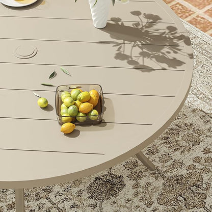 VICLLAX 60" Outdoor Round Patio Dining Table for 8-10, All Weather Metal Dining Table with Umbrella Hole for Deck Lawn Garden Backyard, Sandshell
