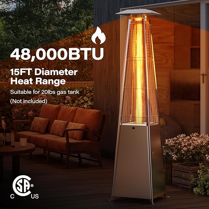 LAUSAINT HOME Pyramid Patio Heater, 48,000 BTU Outdoor Patio Heaters for Outdoor Use, Upgraded 87" Quartz Glass Tube Propane Heater for Deck Backyard Commercial, Tip-Over Protection, Cover & Wheels