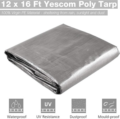 Yescom 12x16ft Heavy Duty Reinforced Poly Tarp 10-mil Waterproof Tarpaulin Ground Sheet Camping Tent Cover with Eyelets Reversible Silver Black Tarps