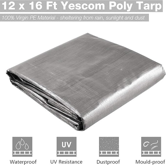 Yescom 12x16ft Heavy Duty Reinforced Poly Tarp 10-mil Waterproof Tarpaulin Ground Sheet Camping Tent Cover with Eyelets Reversible Silver Black Tarps