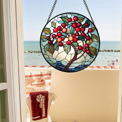 CRIS GIF Stained Glass Window Hanging - Red Fruit Tree Landscape Suncatcher for Doors Garden Patio Sun Catchers Decor Christmas Mother's Day Birthday Gifts for Women Men Mom Nana Friend 15 in