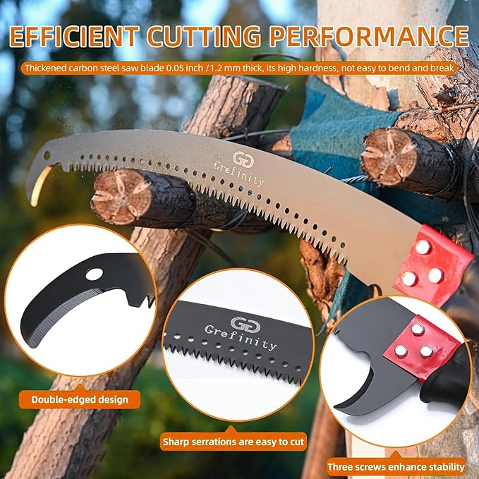 27FT Manual Pole Saw, Tree Branch Trimmer with 8-Section Fiberglass Handle, Sharp Steel Blade, Lightweight Extendable Design for High Branch Trimming, Orange