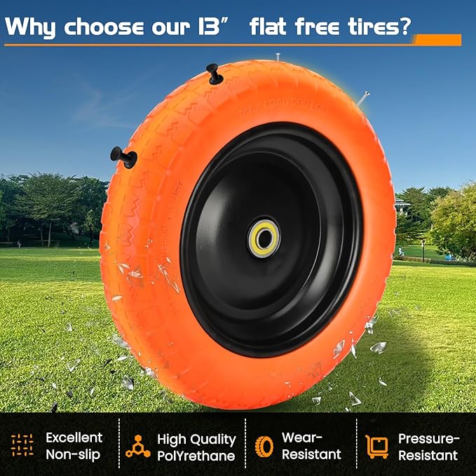 13" Flat Free Wheels Replacement for GOR Garden Cart Tires, 4.00-6 Solid Tires with 5/8"Bearings, 13" No Flat Wheels for GOR Garden Carts/Hand Trucks/Garden Carts（Orange）