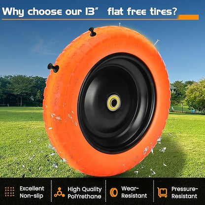 13" Flat Free Wheels Replacement for GOR Garden Cart Tires, 4.00-6 Solid Tires with 5/8"Bearings, 13" No Flat Wheels for GOR Garden Carts/Hand Trucks/Garden Carts（Orange）