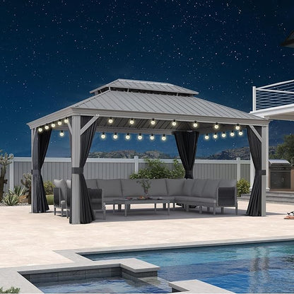 PURPLE LEAF 11' x 15' Hardtop Aluminum Gazebo with Double Metal Roof Heavy Duty Permanent Gazebo for Pool Patio Deck Lawn Garden All Weather Outdoor Pavilion Gazebos, Light Grey