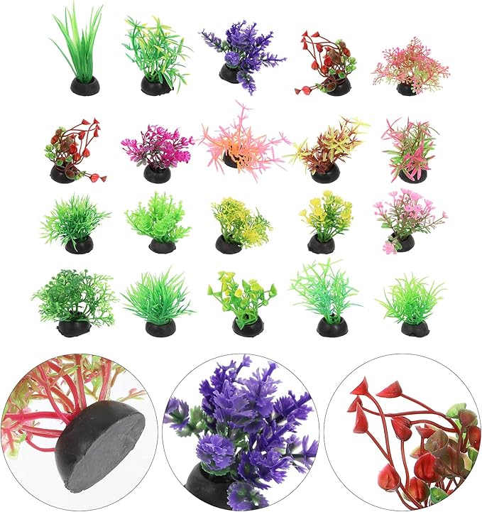 20pcs Fish Tank Decorations Set Aquarium Plants, Colorful Artificial Decor - Mini Plastic Water Plants Grass Accessories for Betta Goldfish Turtle, Random Color