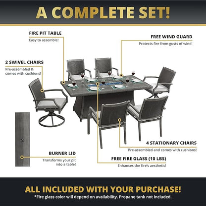 Outdoor Patio Furniture Set With Propane Fire Pit 50,000 Btu 7 Pieces 76" Dining Table Rattan Swivel Chairs Include Cushions Lid And Weather Cover Csa Certified for Garden Backyard Conversations Grey