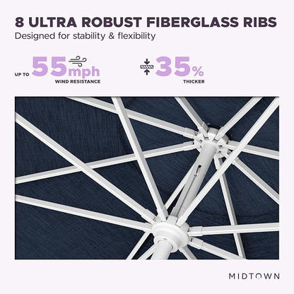 Midtown Umbrellas The Swilt 8 Feet Patio Umbrella in Sunbrella Spectrum Indigo Acrylic Fabric - Fiberglass Ribs, Auto-Tilt Aluminum Frame For Backyard, Deck, Garden, Pool - White Pole