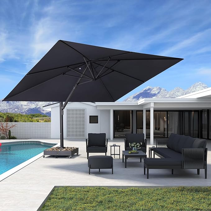 PURPLE LEAF 11' X 15' Rectangle Patio Umbrella Large Outdoor Aluminum Offset Umbrella with 360-degree Rotation Cantilever Umbrella for Garden Deck Backyard Pool Grey