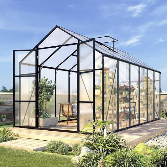 10 * 12 * 8.7FT Greenhouse for Outdoors,Polycarbonate Greenhouse with Stronger Wind Protection and Roof Vent,Walk-in Large Aluminum Sunroom Winter Proof,Black