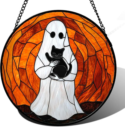 Stained Glass Window Hanging - Halloween Cute White Ghost Black Cat Suncatcher for Doors Garden Home Spooky Orange Sun Catchers Gothic Decor Horror Gift for Women Men Friend Boy Girl 6.3 in