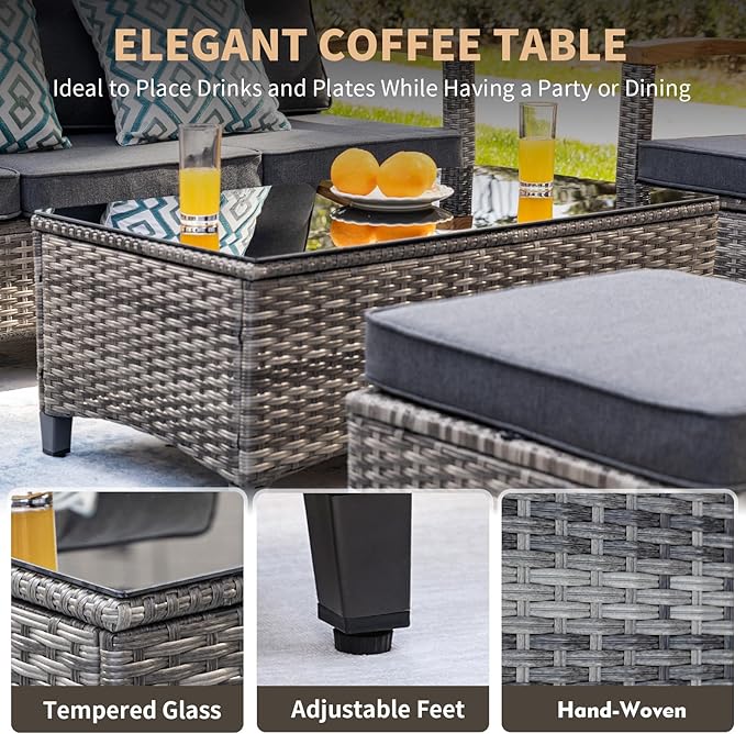 MEISSALIVVE 8 Pieces Patio Furniture Sets, PE Wicker Outdoor Conversation Sets with 2 Wood Armrests Swivel Rocker Chairs, 2 Ottomans, 2 Sofas and Coffee Table(Grey)
