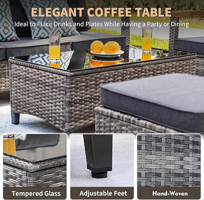 MEISSALIVVE 7 Pieces Patio Furniture Sets,PE Wicker Outdoor Conversation Sets with 2 Wood Armrests Swivel Rocker Chairs, 2 Ottoman, 2-seat Sofa and Coffee Table(Grey)