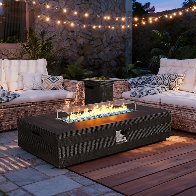 UPHA 56-inch Outdoor Propane Gas Fire Pit Table 50000 BTU Concrete Rectangle FirePit for Outside Patio with Propane Tank Cover, Wind Guad, Navyblue Fire Glass, Rain Cover, Grey Texture