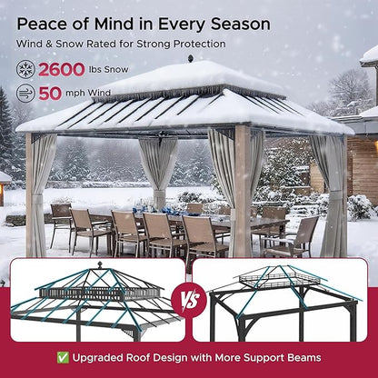 SUNJOY Kingston 14' x 12' Hardtop Gazebo with Galvanized Steel Double Roof, Curtain and Netting, Woodgrain Finish Aluminum Posts Permanent Pavilion Gazebo for Garden, Patio, Deck, Lawn