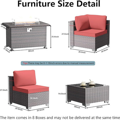 Outdoor Patio Furniture Set with Propane Fire Pit Table, 15 Pieces Outdoor Furniture Patio Sectional Sofa Conversation Sets w/ETL Approved 43" Gas Outdoor Fire Table & Coffee Table(Red)