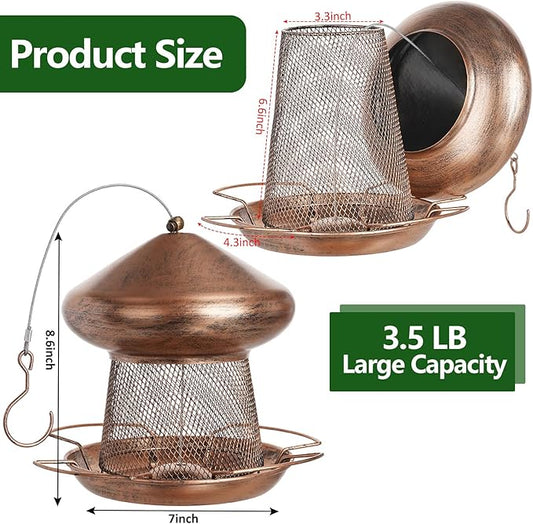 Bird Feeder, Heavy Duty Metal Bird Feeders for Outdoor Hanging, Cute Mushroom Shape 3.5 LB Large Capacity Wild Birdfeeder for Outside Garden Yard (Brown)