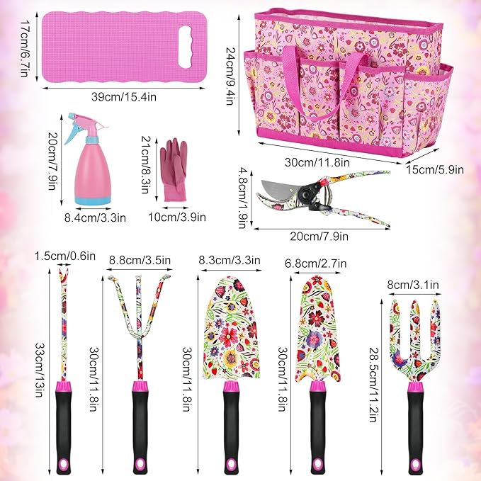 Housolution Gardening Tools Set, 10 PCS Stainless Steel Heavy-Duty with Non-slip Soft Rubber Handle with Large Garden Bag, Floral Pattern Gardening Tool Set Gifts for Women Birthday Mother's Day, Pink