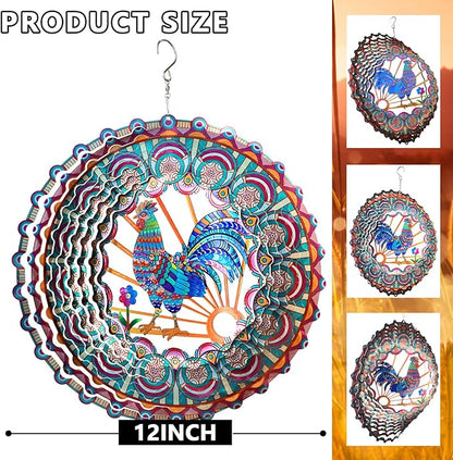 Rooster Wind Spinner - 3D Kinetic Chicken Wind Spinners | 12-Inch Rustproof Metal Hanging Sculpture, Outdoor Garden & Patio Decor, Unique Gifts for Dad, Mom, Men, Women