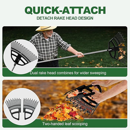Adjustable Leaf Rake 30-65 Inch – 30 Tines Garden Rakes with Non-Slip Handle&Quick-Detach Head Lightweight Yard Rake for Wet Leaves, Pine Needles, Gravel