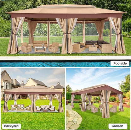 COBIZI Gazebo 12x20 Heavy Duty Gazebos with Curtain and Netting Outdoor Gazebo Canopy Double Roof Patio Gazebos with Metal Steel Frame for Patio, Deck, Backyard (Khaki)