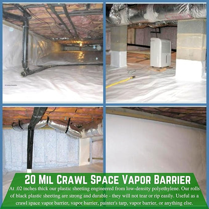 Farm Plastic Supply Crawl Space Vapor Barrier, 20 mil - Thick Plastic Sheeting, Drop Cloth Moisture Barrier for Crawl Space Encapsulation, Heavy Duty Polyethylene, Black & White Panda Film(12' x 100')
