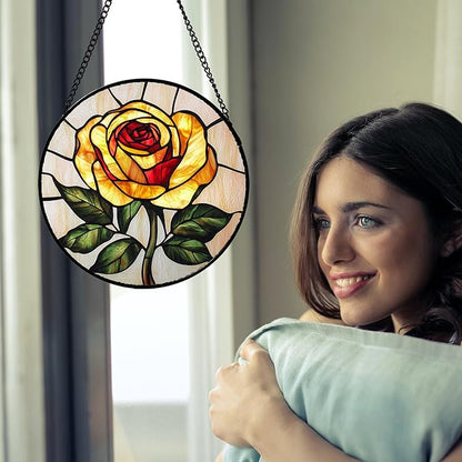 Stained Glass Window Hanging - Elegant Yellow Rose Flower Sun Catcher for Door Garden Home Decor Suncatcher Christmas Mother's Day Birthday Gifts for Women Mom Girl Nana Friend 9.8 in