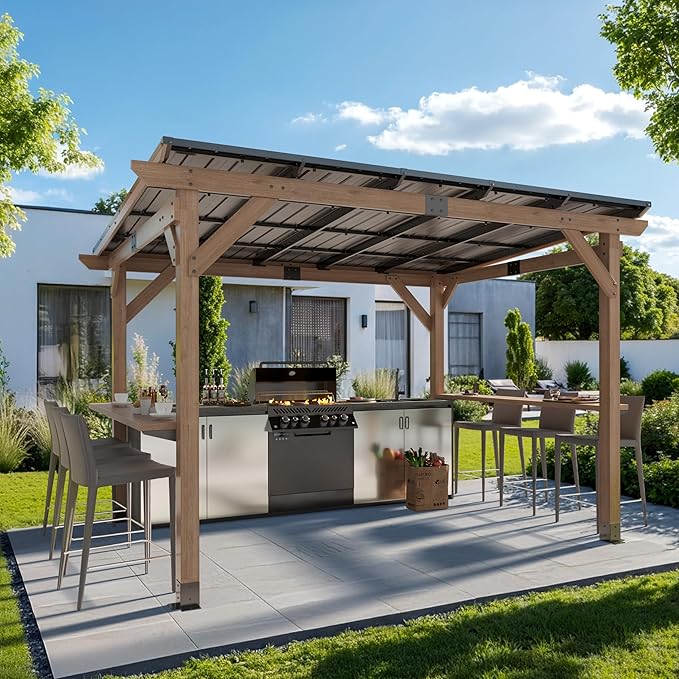 8x10 FT Wood Grill Gazebos, BBQ Wooden Gazebo with Hardtop Sloping Steel Roof, Wood Outdoor Gazebo Pavilion with 2 Side Storage Shelves,Cedar Frame Patio Tent for Barbecue, Garden, Deck