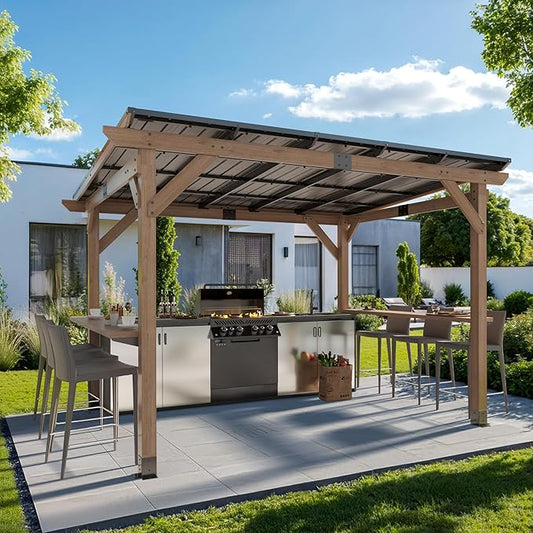 8x10 FT Wood Grill Gazebos, BBQ Wooden Gazebo with Hardtop Sloping Steel Roof, Wood Outdoor Gazebo Pavilion with 2 Side Storage Shelves,Cedar Frame Patio Tent for Barbecue, Garden, Deck