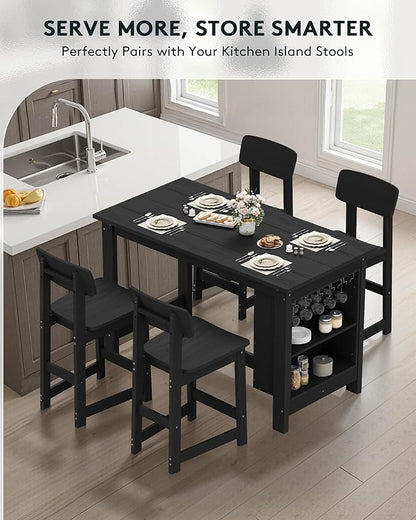 SERWALL Outdoor Bar Table and Chairs Set, 3-Piece HDPE Counter Height Patio Dining Sets with Storage and Wine Rack, Rectangular High Top Bar Table with 2 Bar Stools for Garden, Backyard, Black