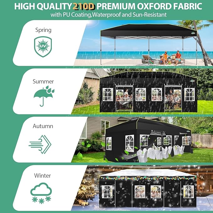 COBIZI 10x20 Pop Up Canopy with 6 Sidewalls One Push Setup Outdoor Event Shelter Waterproof UPF 50+ Gazebo Tent with Carry Bag,Air Vent,Sandbag for Wedding, Commercial, Party,Black