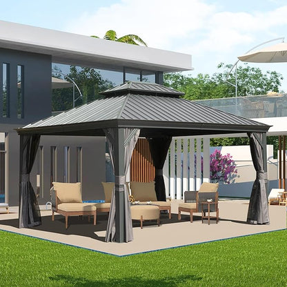 Domi 10' X 14' Hardtop Gazebo Metal Gazebo Canopy with Galvanized Steel Double Roof, Aluminum Frame, Curtains and Netting for Patio, Deck, Garden, Outdoor Shelter, Grey