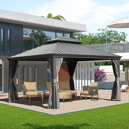 Domi 10' X 14' Hardtop Gazebo Metal Gazebo Canopy with Galvanized Steel Double Roof, Aluminum Frame, Curtains and Netting for Patio, Deck, Garden, Outdoor Shelter, Grey