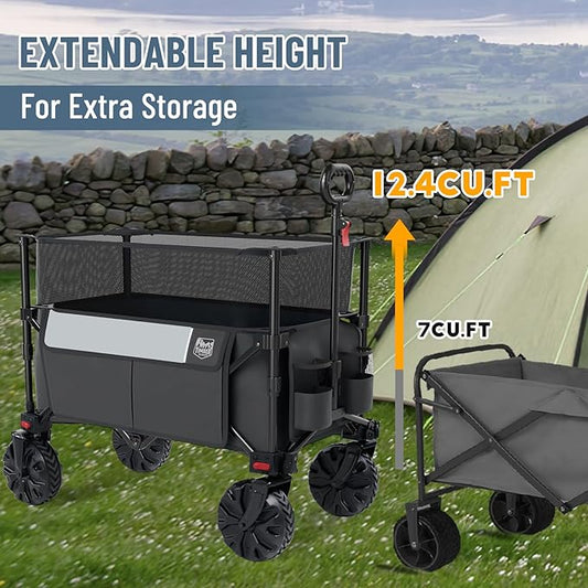 TIMBER RIDGE Foldable Wagon 350L Extendable Height, Large Capasity Collapsible Wagon Cart with All Terrians Detachable Wheels, Compact Folding Utility Wagon for Camping, Fishing, Shopping Grey