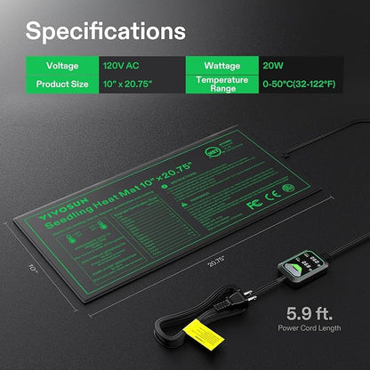VIVOSUN 10"x20.75" Seedling Heat Mat with Built-in Temperature Controller, UL & MET-Certified Waterproof Plant Heating Pad for Germination, Hydroponics, Brewing, Breeding, and Greenhouses