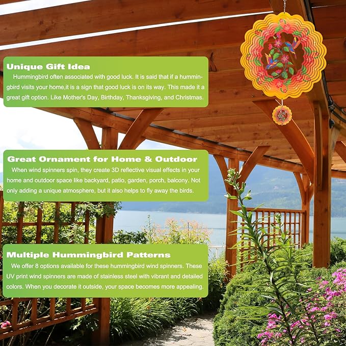 Wind Spinners - 12 Inches Large Hummingbird Wind Sculptures, 3D Reflective Metal Wind Spinner for Yard and Garden, Hummingbird Gifts for Mom, Daughter, Grandma's Birthday, Yellow Red