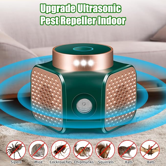 Ultrasonic Pest Repellent Plug in, Electronic Rodent Control for Mice, Rats, Squirrels, Roaches, Ants, Spiders. Indoor Repeller for House, Kitchen, Garage, Basement