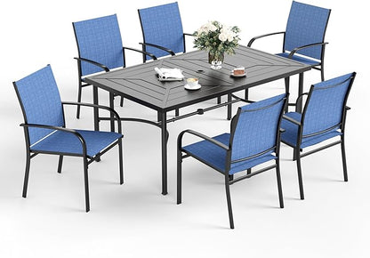 7 Pcs Patio Dining Set for 6, Rectangular Metal Dining Table with Umbrella Hole and 6 Chairs, Outdoor Table and Chairs Set for Lawn Garden Backyard and Deck, Blue