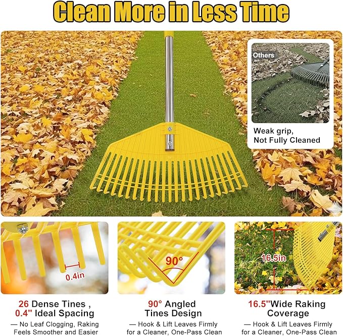 Plastic Leaf Rake for Lawns - Lightweight & Easy Yard Rakes for Leaves, Grass, Pine Needles,Gardening,Heavy Duty 16.5''Wide Garden Rake with Adjustable Handle (35''-75'') for Women,Seniors,Kids