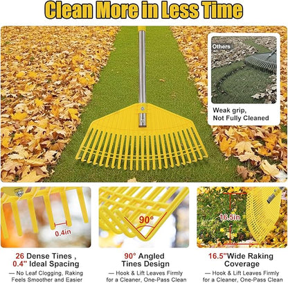 Plastic Leaf Rake for Lawns - Lightweight & Easy Yard Rakes for Leaves, Grass, Pine Needles,Gardening,Heavy Duty 16.5''Wide Garden Rake with Adjustable Handle (35''-75'') for Women,Seniors,Kids